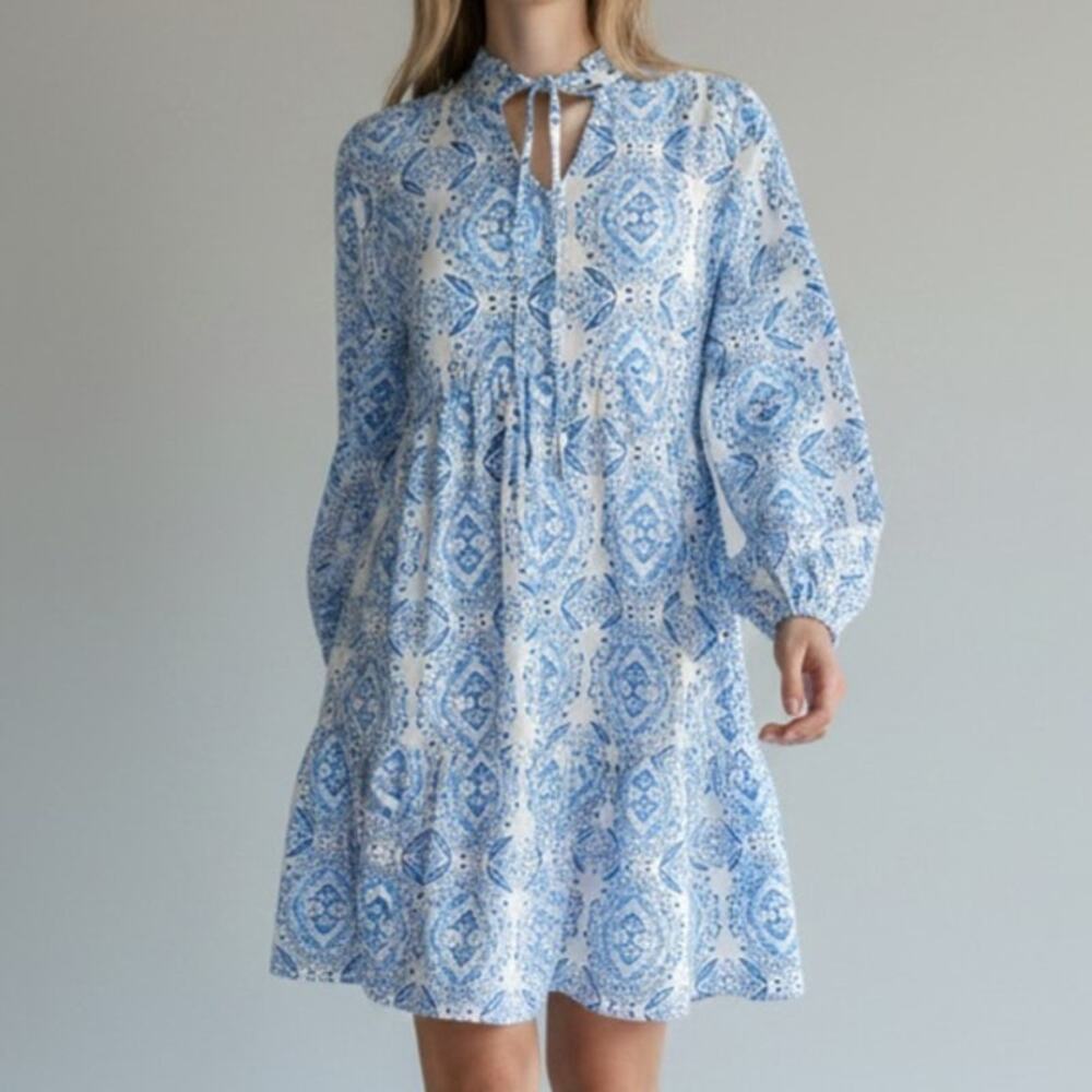 Cupshe Mini Dress Blue Floral Print Puffed Long Sleeve Women's Size S NWT